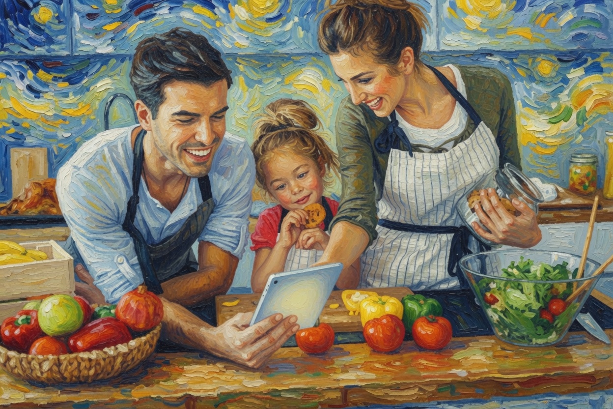 Family cooking together with fresh ingredients