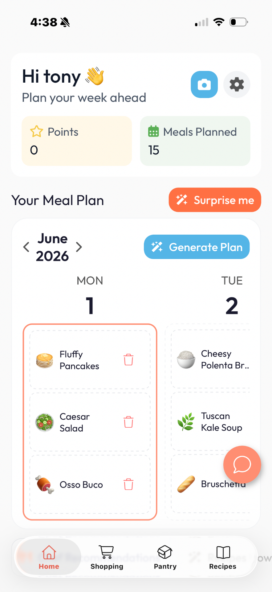 Personalized Recommendations screen in The Food Maestro app