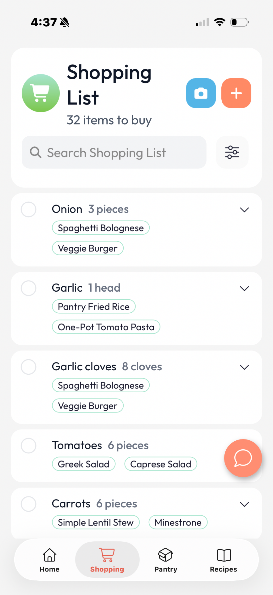 Shopping List screen in The Food Maestro app