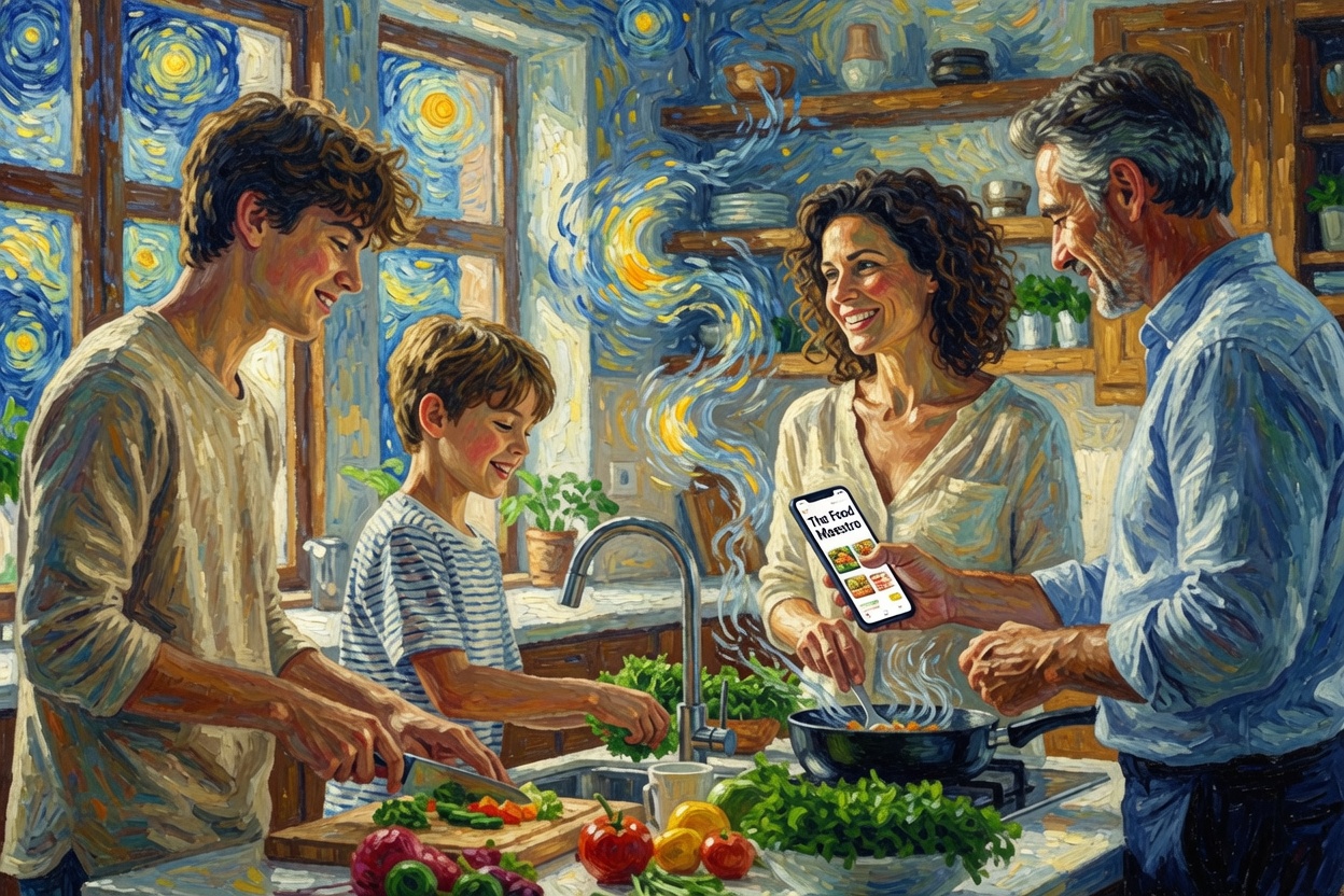 A family cooking together in a warm kitchen, using The Food Maestro on a phone