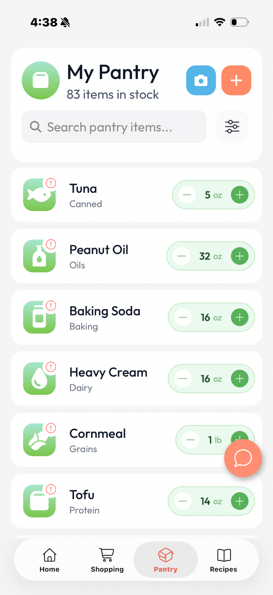 My Pantry screen in The Food Maestro app